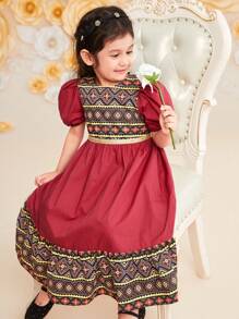 SHEIN Leap Crew Young Girls' Cute Holiday Printed Patchwork Round Neck Puff Sleeve Long Dress - Red - View 5