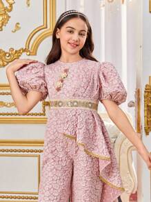 SHEIN 少女休閒圓領泡泡袖花卉連身褲 - 粉色 - 查看 4
