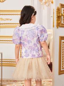 SHEIN 年轻女孩宽松休闲泡泡袖彼得潘领衬衫 - 紫色 - 查看 3