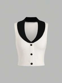 SHEIN Unity Women's Colorblock Draped Shawl Collar Sleeveless Knitted Top - Black and White - View 1
