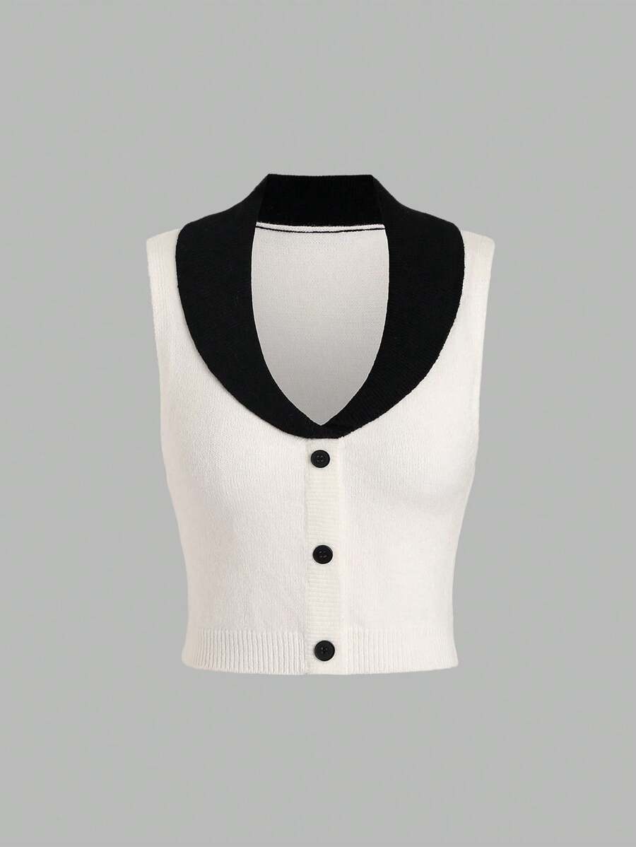 SHEIN Unity Women's Colorblock Draped Shawl Collar Sleeveless Knitted Top - Black and White - View 1