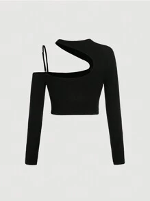 SHEIN MOD Kích thước lớn Của phụ nữ Cắt ra Tay áo dài Áo thun - màu đen - Xem 2