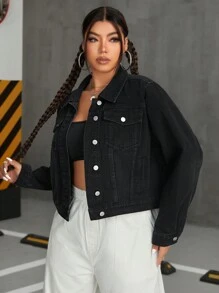 CovetEZ 大尺碼純色長袖牛仔外套 - 黑色 - 查看 6