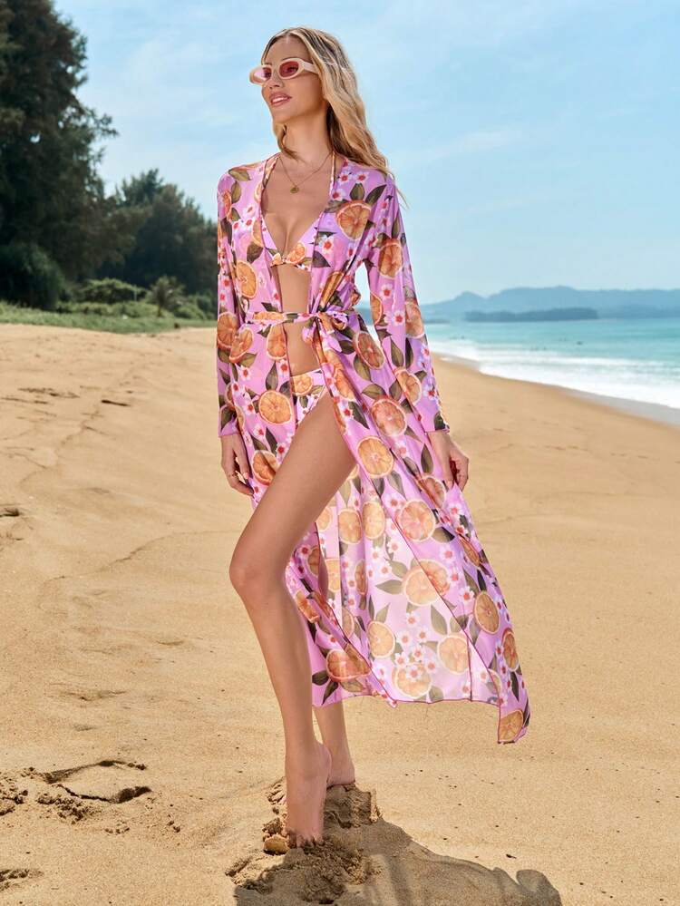 Women's Orange Floral Printed Bikini Set Summer