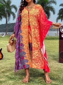 SHEIN LUNE Conjunto De Camisa Y Pantalones Cortos Estampados De Corte Holgado Para Mujer De Talla Grande