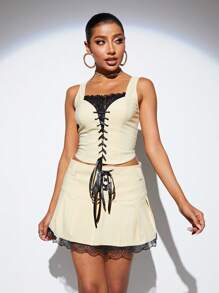 Chiquease Contrast Color Lace Patchwork Cross Tie Two-Piece Set - Apricot - View 3