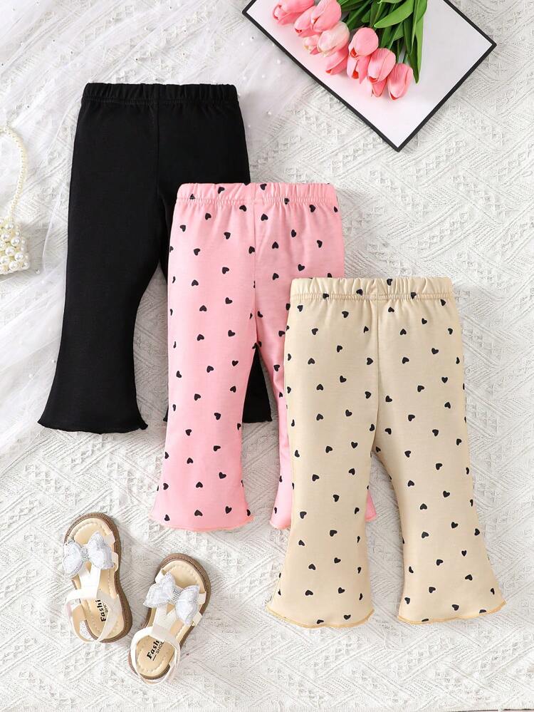 Baby Girl Heart Printed Flared Pants With Lettuce Trim