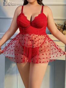Plus Size Heart Mesh Sexy Lingerie 2pcs/Set