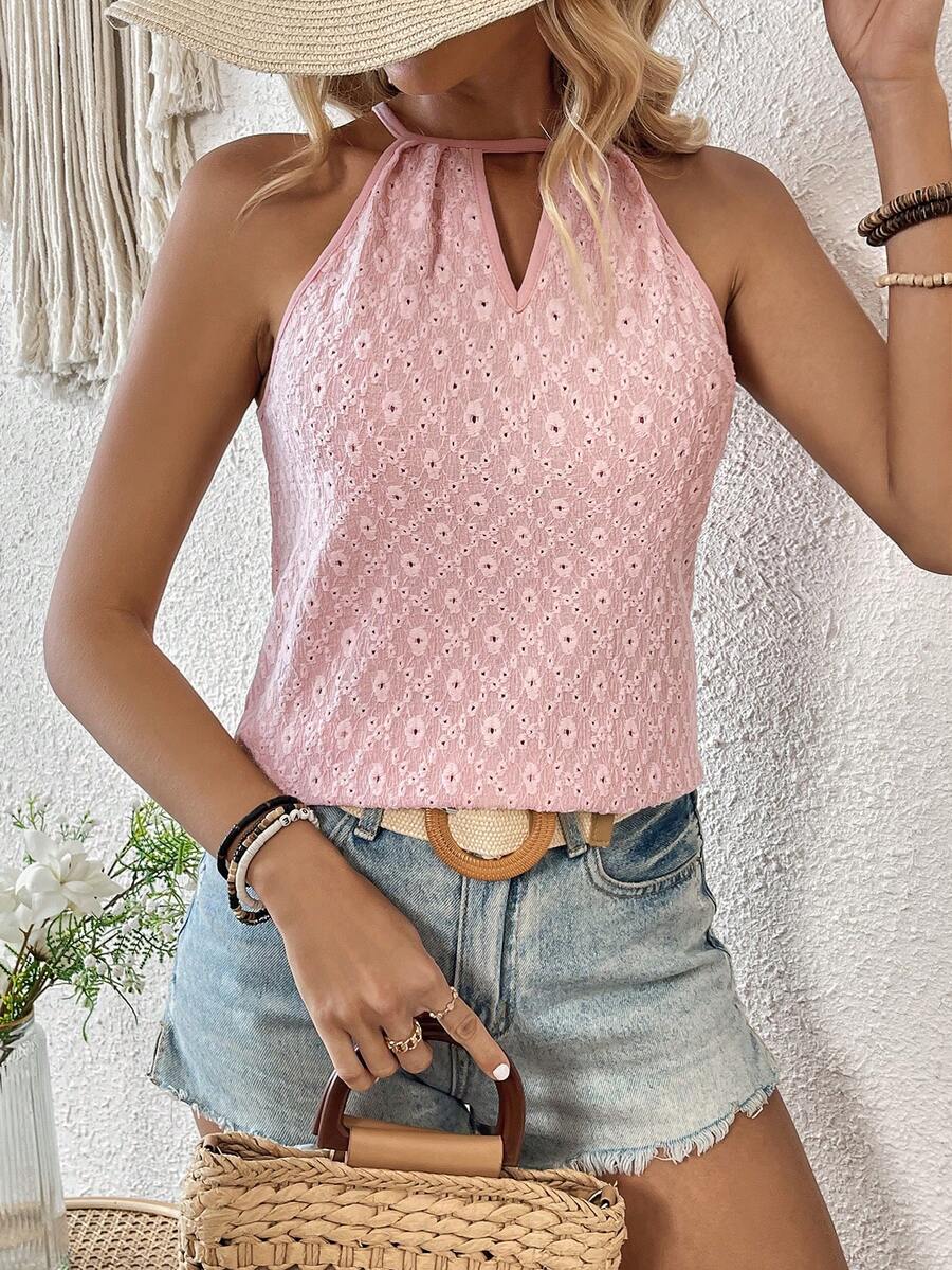 SHEIN LUNE Women's Cut-Out Texture Halter Neck Tank Top - Pink - View 1