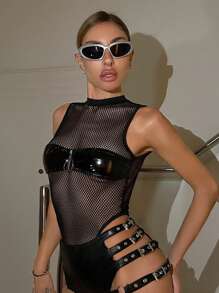 SHEIN ICON 網布pu皮革拼接拉鍊裝飾透視連身衣 - 黑色 - 查看 3