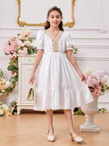 Tween-mädchenkleid Mit V-ausschnitt, Puffärmeln, Goldener Spitzenverzierung Vorne Und Abnehmbarem Gürtel - Weiss - Übersicht 3