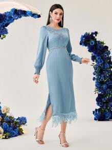 Modelyn Embroidered Patchwork Split Feather Hem Dress Long Evening Dresses Fall Cloth For Women - Blue - View 6