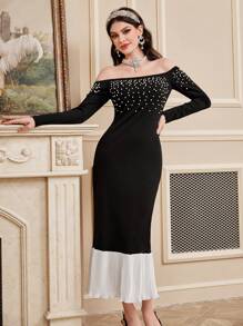 Modelyn 女士珠飾露肩v領魚尾晚禮服 - 黑色 - 查看 8