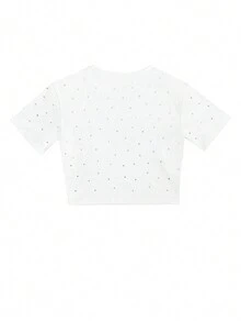 女士时尚水钻装饰短袖短款T恤，夏季 - 白色 - 查看 2