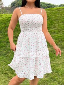 SHEIN Qutie Plus Size Women's Spring Floral Print Ruffled Cami Umbrella Dress - Multicolor - View 5