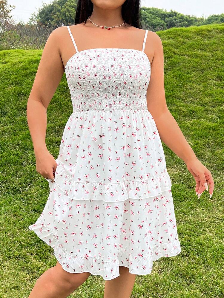 Plus Size Women's Spring Floral Print Ruffled Cami Umbrella Dress