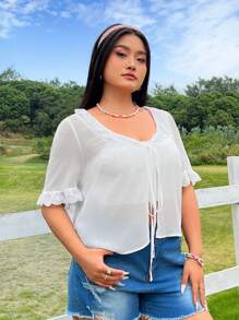 SHEIN Qutie Kích thước lớn Màu thuần Thêu Trang trí ren mỏng Ngắn Áo sơ mi - trắng - Xem 5