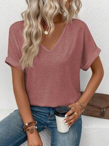 SHEIN LUNE T-shirt Mit Fledermausärmeln Und V-ausschnitt Für Damen - Rostige Rose - Übersicht 5