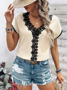 Calvaya Women's Color Block Embroidered Applique V-Neck Casual Blouse,Short Sleeve Tops