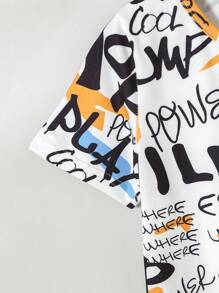 Young Boy's Daily Fashionable Casual Graffiti Letter Print T-Shirt And Denim Shorts Set