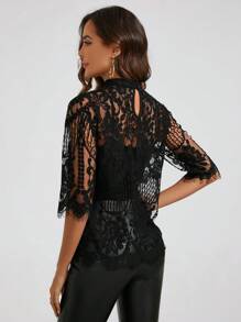 Amorya Women's Spring Stand Collar Lace Top Black Top  Summer Outfit For Women  Summer Outfit For Women - Black - View 2