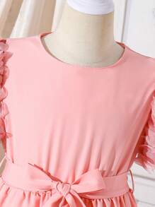 SHEIN Tween Girls' 3d Floral Bubble Short Sleeve Belted Dress - Pink - View 7