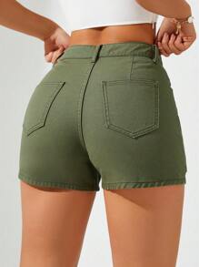 SHEIN Privé Green Cargo Denim Shorts - Army Green - View 2