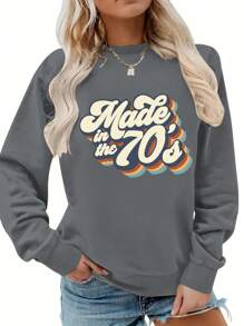 女士休闲连帽卫衣，学院风彩色字母印花，700克印花，秋冬季保暖长袖上衣 - 深灰色 - 查看 1