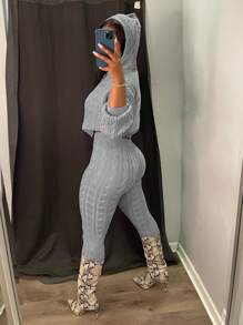 Women's Drawstring Hoodie And Pants Two-Piece Set - Grey - View 2