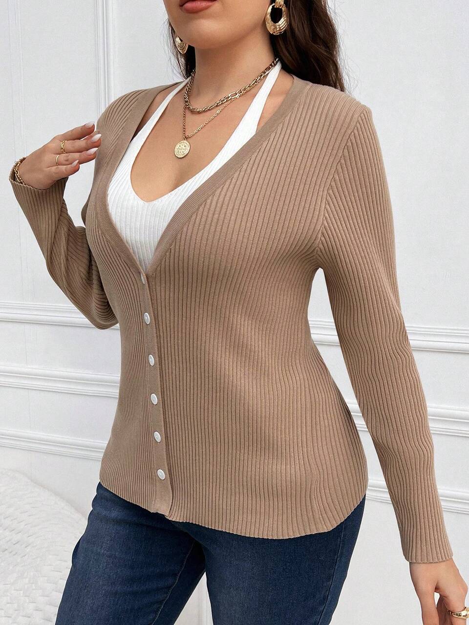 Plus Size Long Sleeve Two-In-One Cardigan Fall Cloth For Women