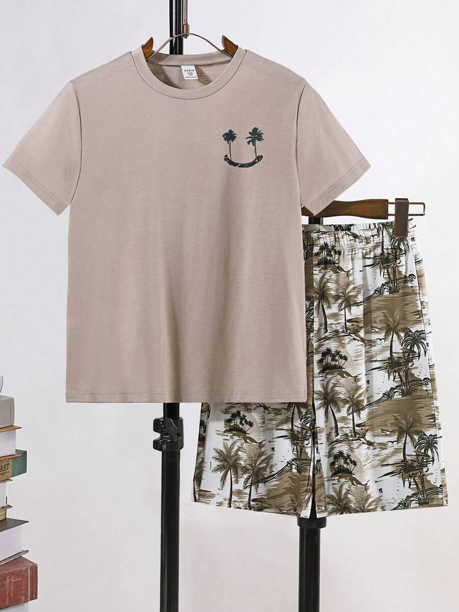 Tween Boys椰樹印花短袖套裝 - 卡其色 - 查看 1