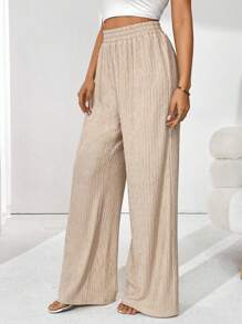 SHEIN Essnce Solid Color Textured Elastic Waist Wide Leg Pants - Brown - View 6