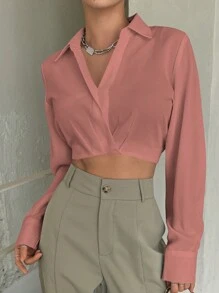 DAZY Solid Color Cropped Long Sleeve Shirt - Orange - View 1