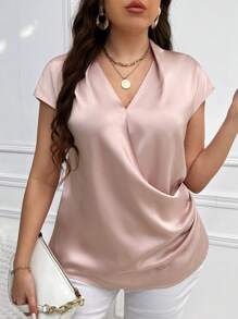 SHEIN Clasi Blusa envolvente llana de talla grande - Rosa - Ver 4