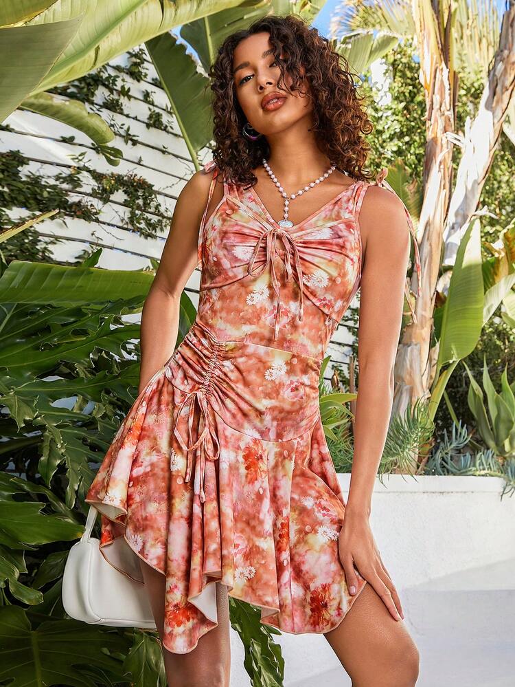 Women's Tie Dye Ditsy Floral Print Drawstring Asymmetrical Hem Dress