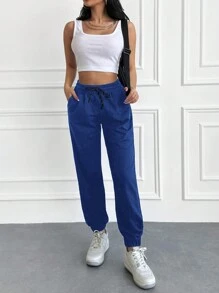RueChic Solid Drawstring Waist Slant Pocket Sweatpants - Blue - View 4