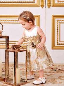 SHEIN Baby Girl Color-Blocked Gold Floral Pattern 3d Flower Sleeveless Dress - Beige - View 3
