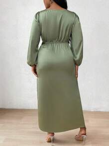 Celure Plus Size Lantern Sleeve Dress With Hollow Out Waist And Wrap Hem