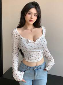 DAZY Floral Printed Half Sleeve Crop Top T-Shirt Long Sleeve Women Tops,Fall Women Clothes