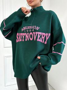 EURMUSE Women's Letter Pattern Stand Collar Sweater - Dark Green - View 3