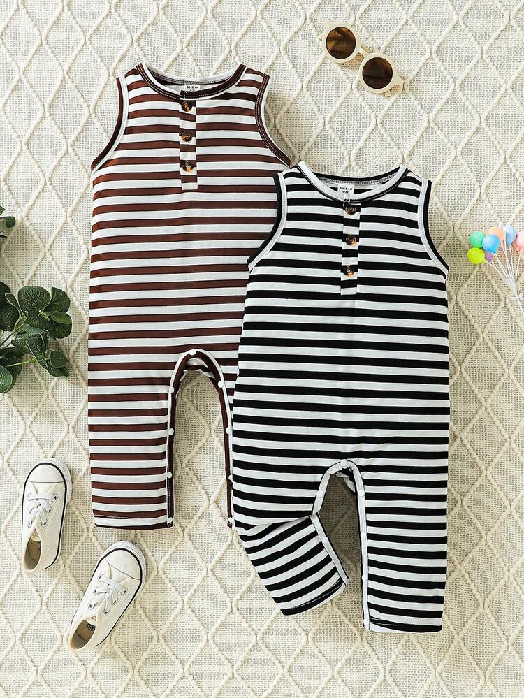 Baby Boy 2pcs/Set Striped Black & Brown Casual Sports Jumpsuit For Spring/Summer Comfortable At Home
