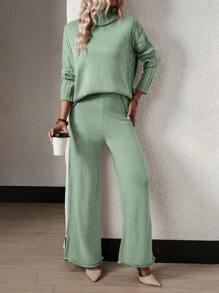 Chiquease Women's Turtleneck Drop Shoulder Sweater Two Pieces Set Fall Cloth For Women - Green - View 4