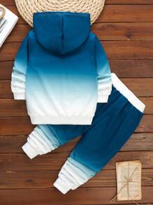 SHEIN Chàng trai trẻ 2 Miếng Giải trí Xanh & Trắng Biến đổi dần Áo nỉ có mũ Và Quần Chạy bộ Bộ , Mùa thu - Xanh và trắng - Xem 2