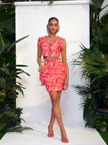 LASSALLE Blusa corta con diseño estampado todo sobre de malla, con volantes y cierre delantero con lazo, para mujer, para verano, vacaciones, salir, festival