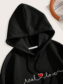 SHEIN EZwear Của phụ nữ áo có mũ Lông cừu Áo nỉ Với Love In thư Và Dây rút - màu đen - Xem 3