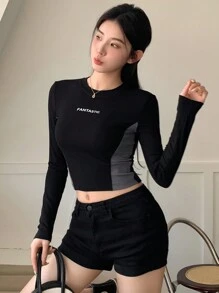 DAZY Women's Colorblock Letter Printed T-Shirt,Fall Clothes Long Sleeve Women Tops Crop Women Tops Cute Tops - Black - View 5