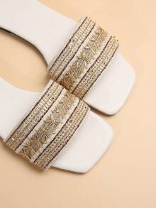 女士白色開框編織帶平底涼鞋,時尚且多功能的羅馬風格休閒鞋 - 白色 - 查看 5