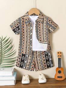 SHEIN Baby Jungen Sommer-set Mit Tropischem Muster: Hemd, Shorts Und T-shirt - Braun - Übersicht 1