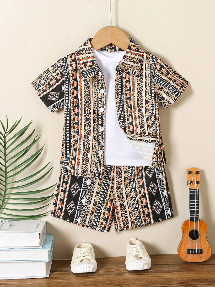SHEIN Baby Jungen Sommer-set Mit Tropischem Muster: Hemd, Shorts Und T-shirt - Braun - Übersicht 1