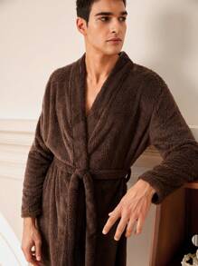 Men'S Plush Home Robe - Coffee Brown - View 5